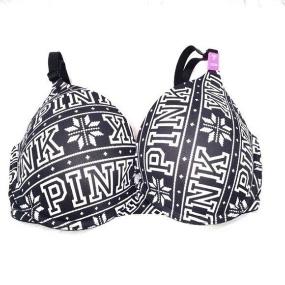 NWT VICTORIA'S SECRET PINK LOGO BLACK/WHITE WEAR EVERYWHERE PUSH-UP‎ BRA SZ 32DD - Picture 1 of 10